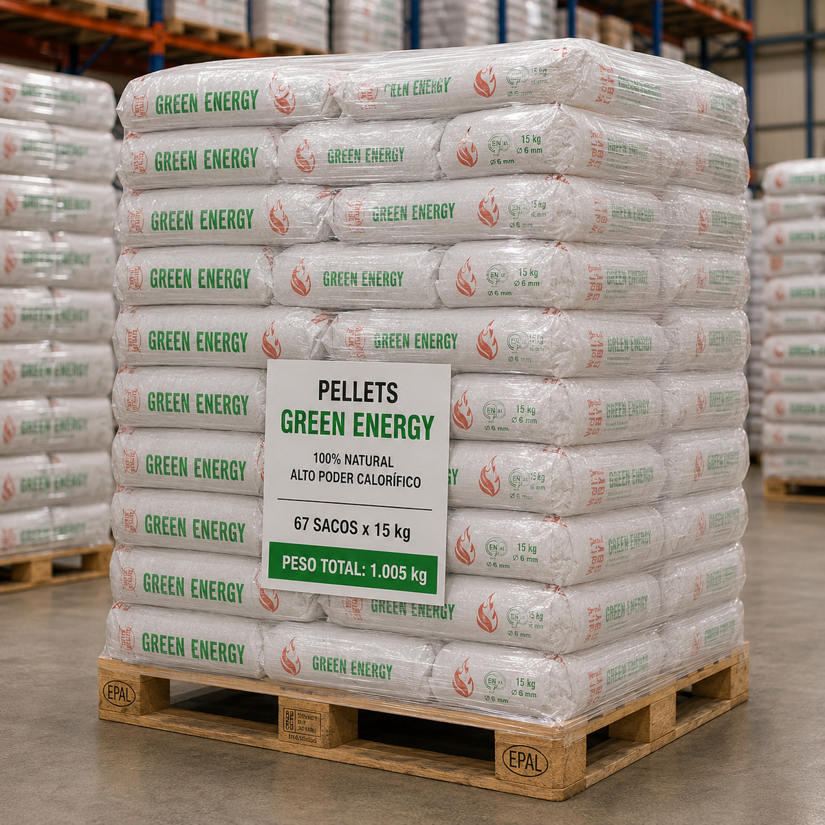 Pellets Green Energy – Palete de 67 Sacos de 15 kg | 1.005 kg