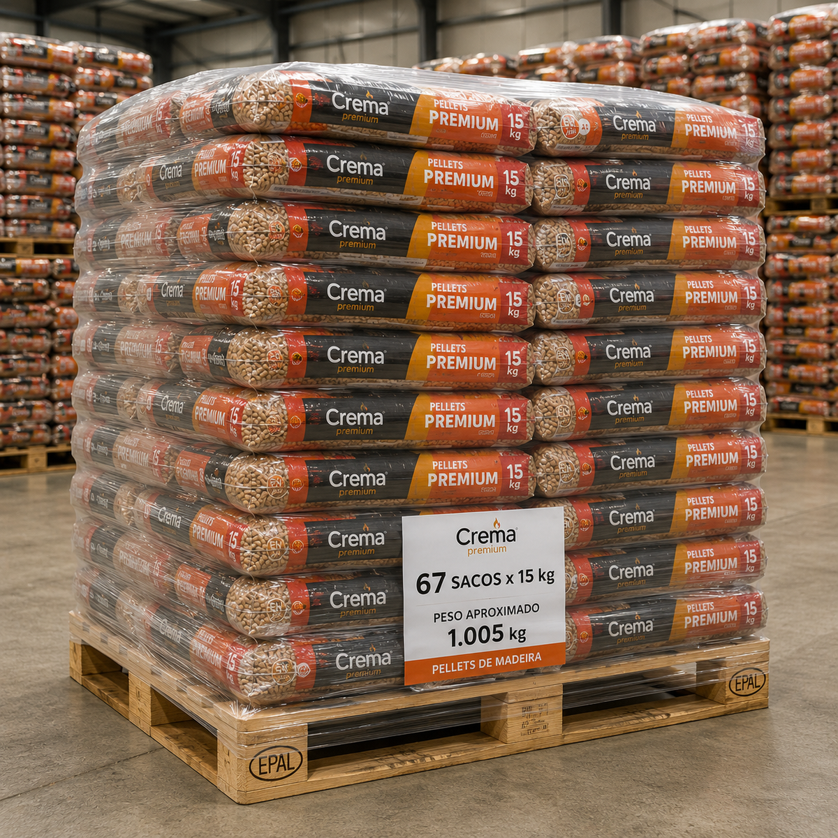Pellets de Madeira Crépito Premium – Palete de 67 Sacos 1.005 kg