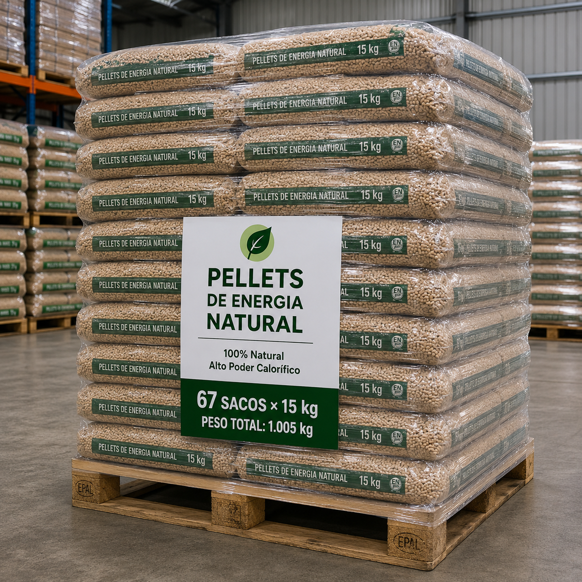 Pellets de Energia Natural – Palete de 67 Sacos de 15 kg | 1.005 kg