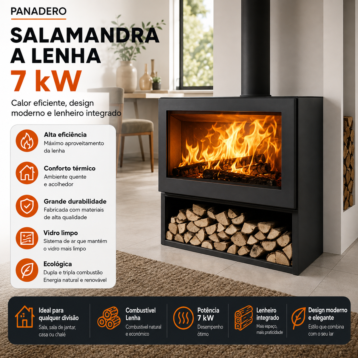 Salamandra a Lenha Panadero Fenix 7 kW com Lenheiro – A+, Ecodesign e Tripla Combustão