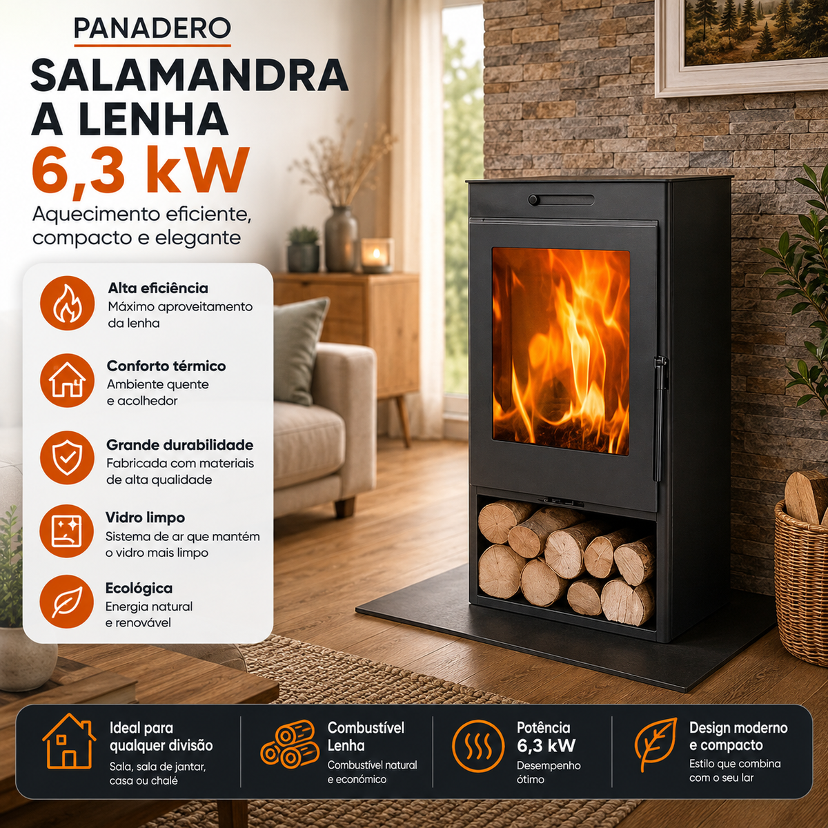 Salamandra a Lenha Panadero Zahara 6,3 kW – Classe A+, Ecodesign e Dupla Combustão