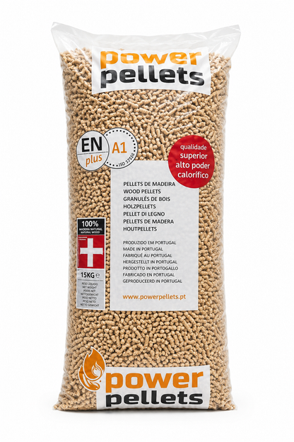 PowerPellets em sacos de 15 kg são ENplus A1 65 Sacos