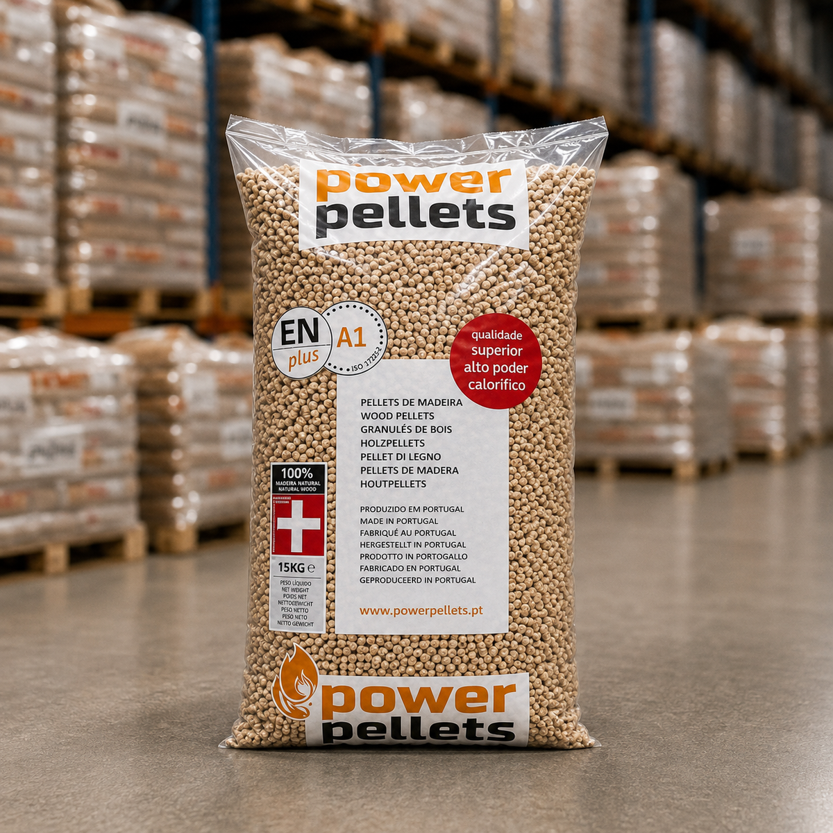 PowerPellets em sacos de 15 kg são ENplus A1 65 Sacos