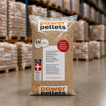 PowerPellets em sacos de 15 kg são ENplus A1 65 Sacos