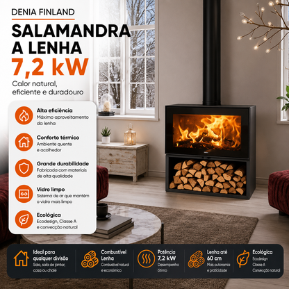 Salamandra a Lenha Denia Finland 7,2 kW – Ecodesign, Classe A e Convecção Natural
