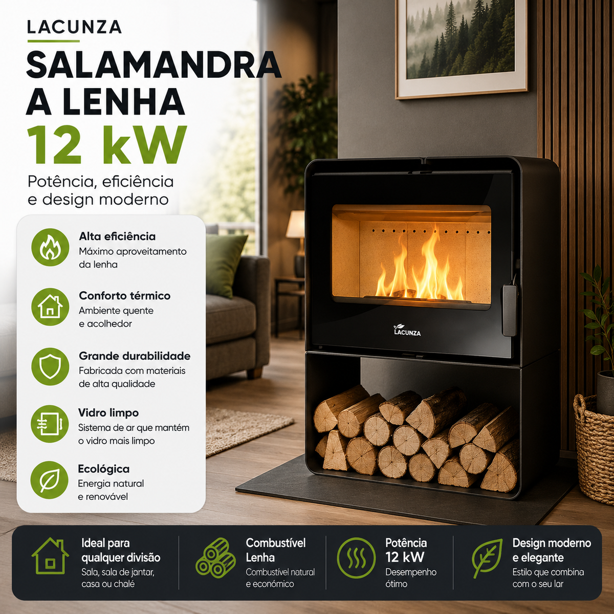 Salamandra a Lenha Lacunza Atlantic 603 12 kW – A+, Ecodesign e Dupla Combustão