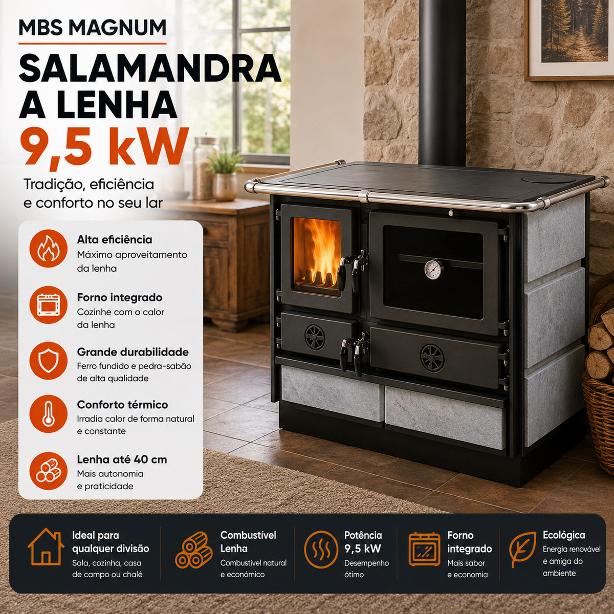 Salamandra a Lenha MBS Magnum 9,5 kW em Pedra-Sabão com Forno – Ferro Fundido