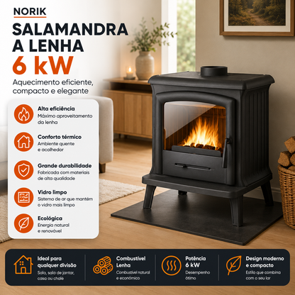 Salamandra a Lenha Norik 6 kW – Ferro Fundido, Ecodesign e Dupla Combustão