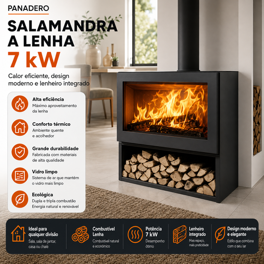 Salamandra a Lenha Panadero Fenix 7 kW com Lenheiro – A+, Ecodesign e Tripla Combustão