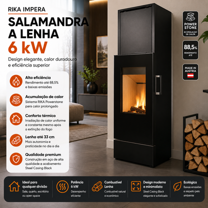 Salamandra a Lenha RIKA Impera 6 kW Steel Casing Black – Powerstone e Alta Eficiência