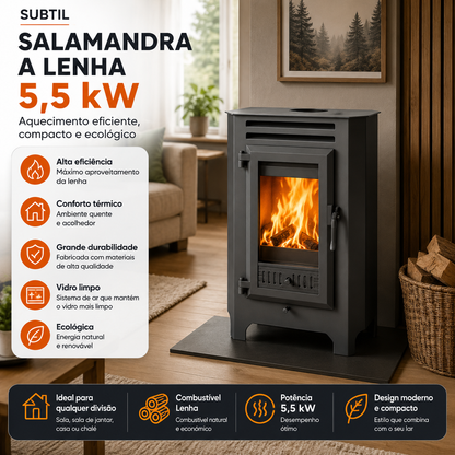 Salamandra a Lenha Subtil Nº4 Eco 5,5 kW – Classe A+, Ecodesign e Dupla Combustão
