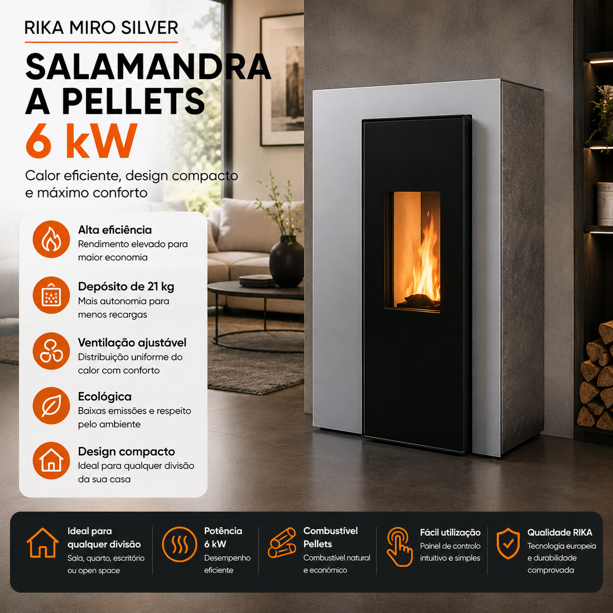 Salamandra a Pellets RIKA Miro Silver 6 kW – Design Compacto, Alta Eficiência e Depósito de 21 kg