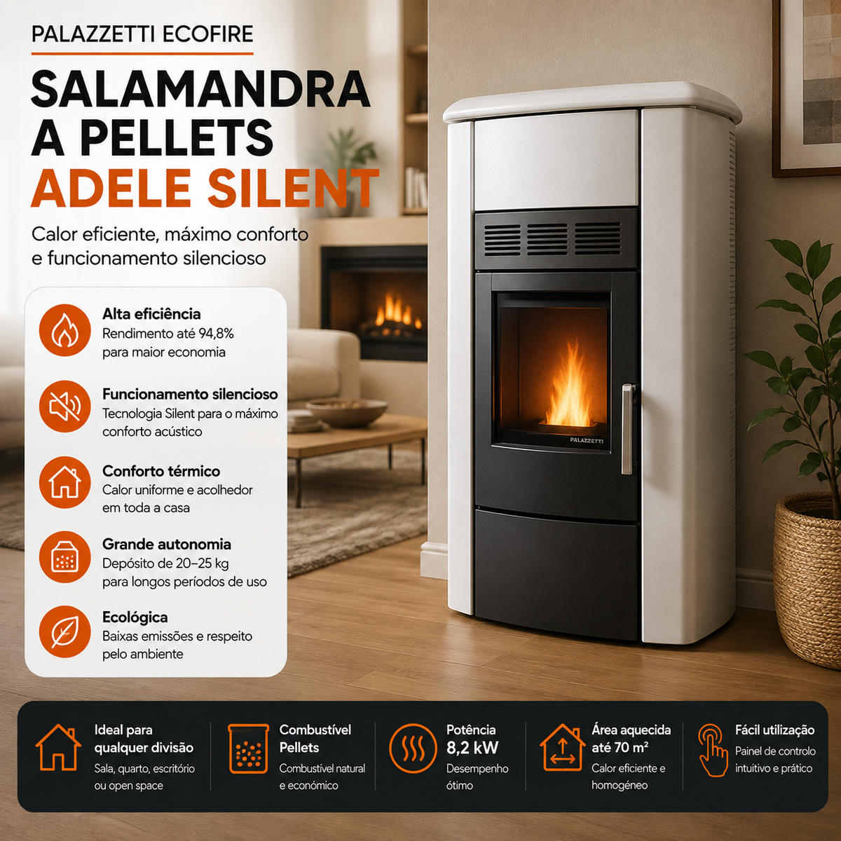 Salamandra a Pellets Palazzetti Ecofire Adele Silent 8,2 kW – Alta Eficiência e Funcionamento Silencioso