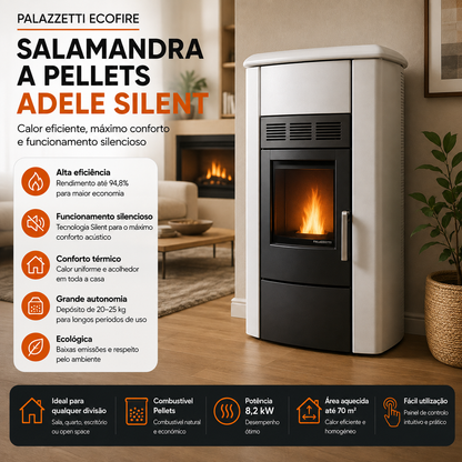 Salamandra a Pellets Palazzetti Ecofire Adele Silent 8,2 kW – Alta Eficiência e Funcionamento Silencioso